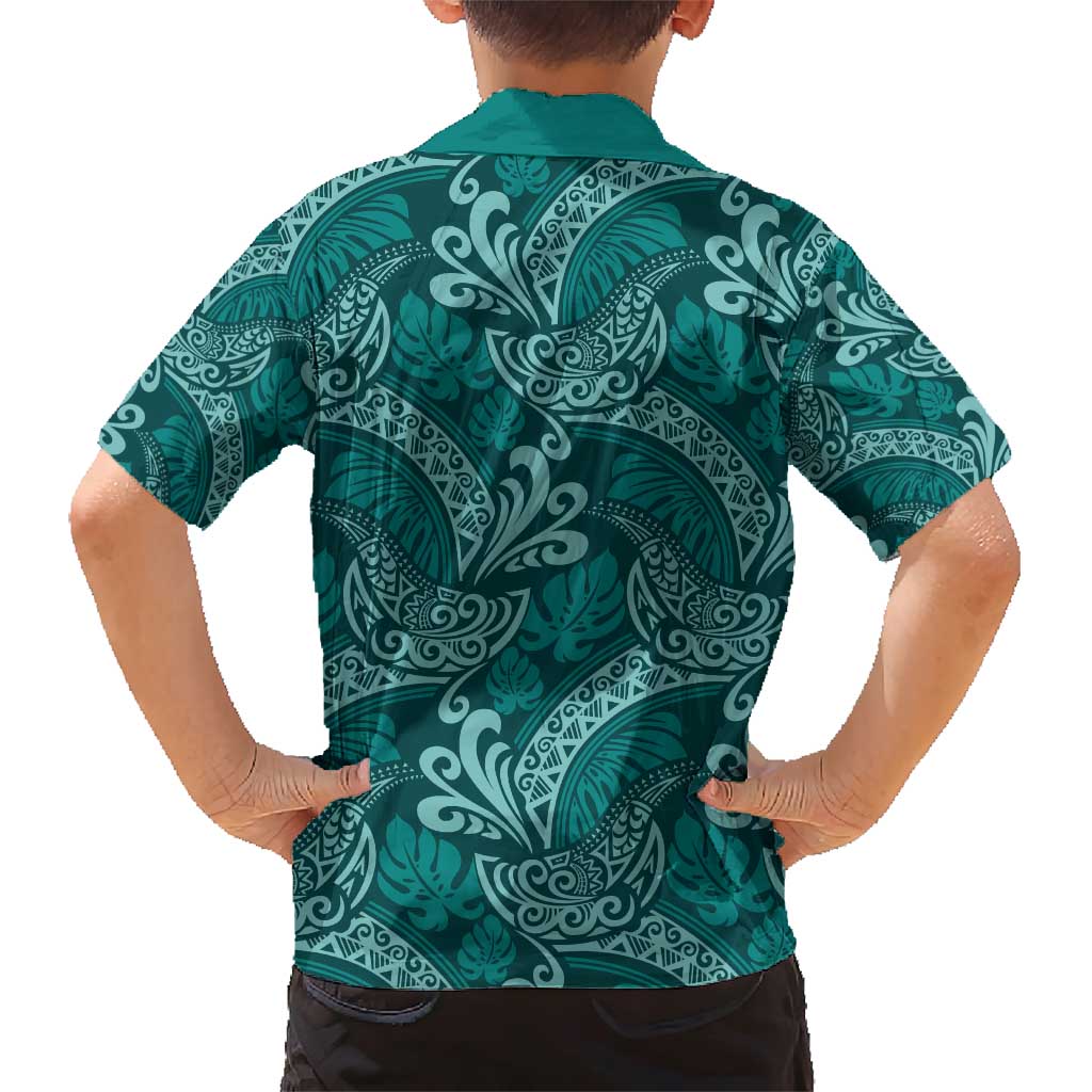 Teal Monstera Family Matching Short Sleeve Bodycon Dress and Hawaiian Shirt Polynesian Tribal Pattern LT01 - Polynesian Pride