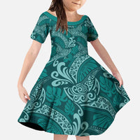 Teal Monstera Family Matching Short Sleeve Bodycon Dress and Hawaiian Shirt Polynesian Tribal Pattern LT01 Daughter's Dress Teal - Polynesian Pride