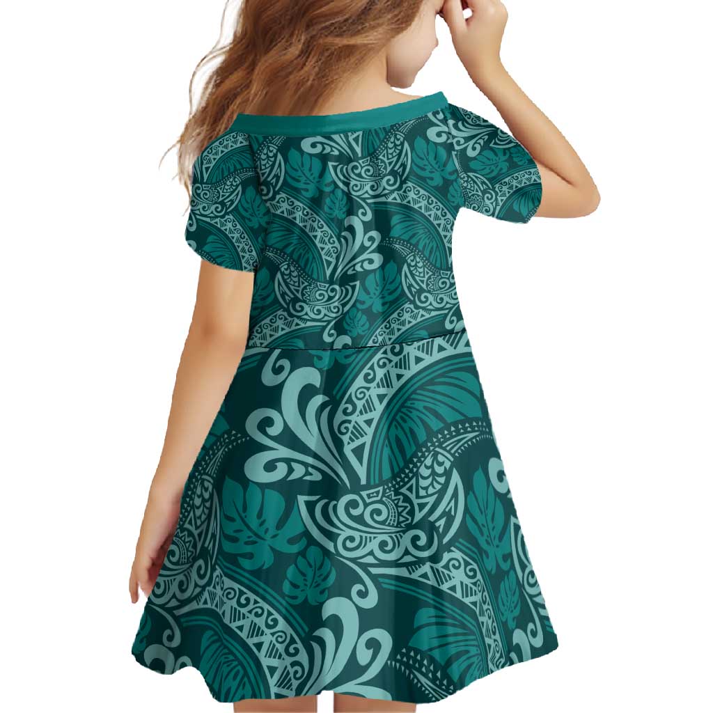 Teal Monstera Family Matching Short Sleeve Bodycon Dress and Hawaiian Shirt Polynesian Tribal Pattern LT01 - Polynesian Pride
