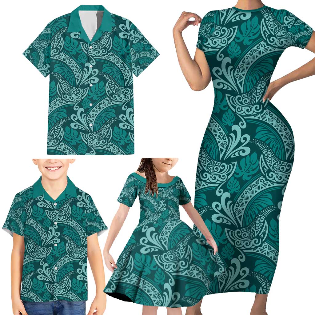 Teal Monstera Family Matching Short Sleeve Bodycon Dress and Hawaiian Shirt Polynesian Tribal Pattern LT01 - Polynesian Pride