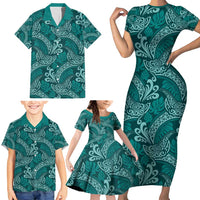 Teal Monstera Family Matching Short Sleeve Bodycon Dress and Hawaiian Shirt Polynesian Tribal Pattern LT01 - Polynesian Pride