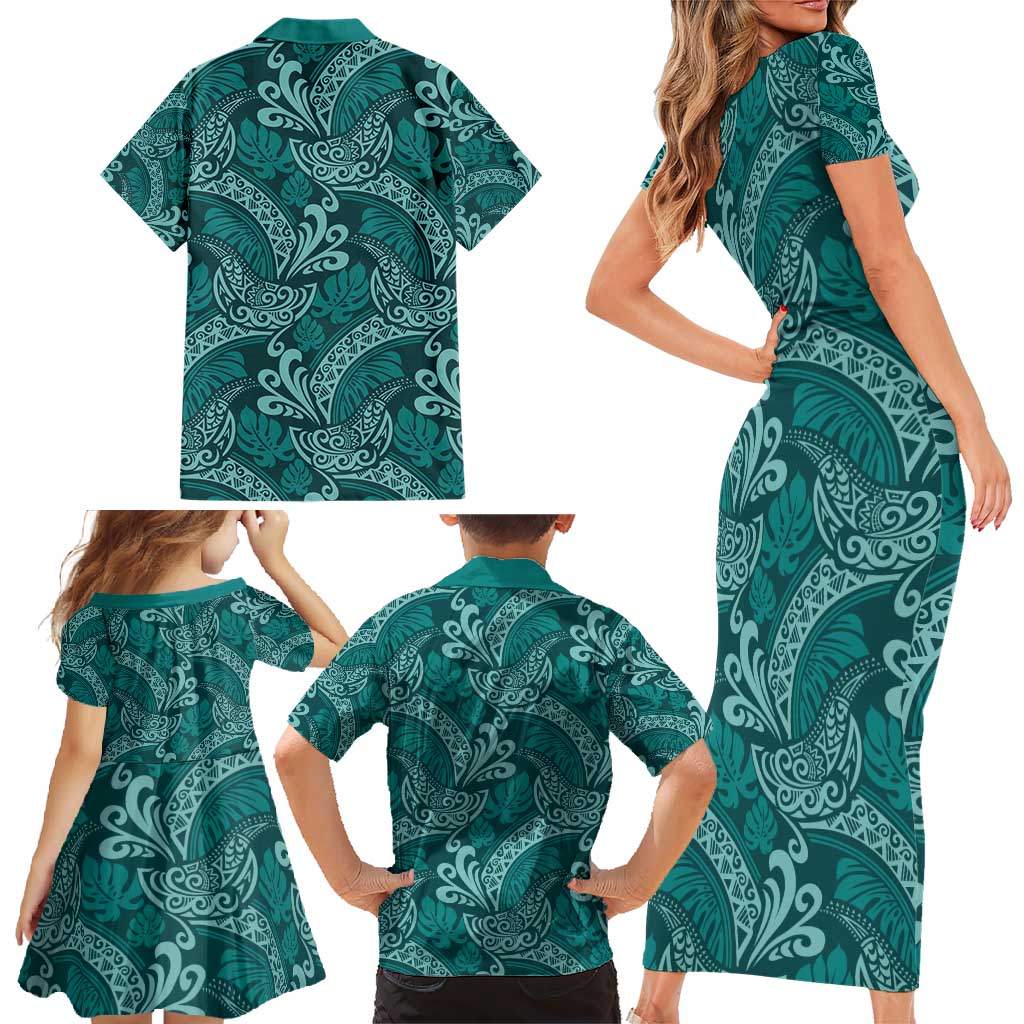 Teal Monstera Family Matching Short Sleeve Bodycon Dress and Hawaiian Shirt Polynesian Tribal Pattern LT01 - Polynesian Pride