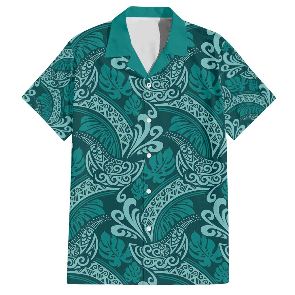 Teal Monstera Family Matching Short Sleeve Bodycon Dress and Hawaiian Shirt Polynesian Tribal Pattern LT01 Dad's Shirt - Short Sleeve Teal - Polynesian Pride