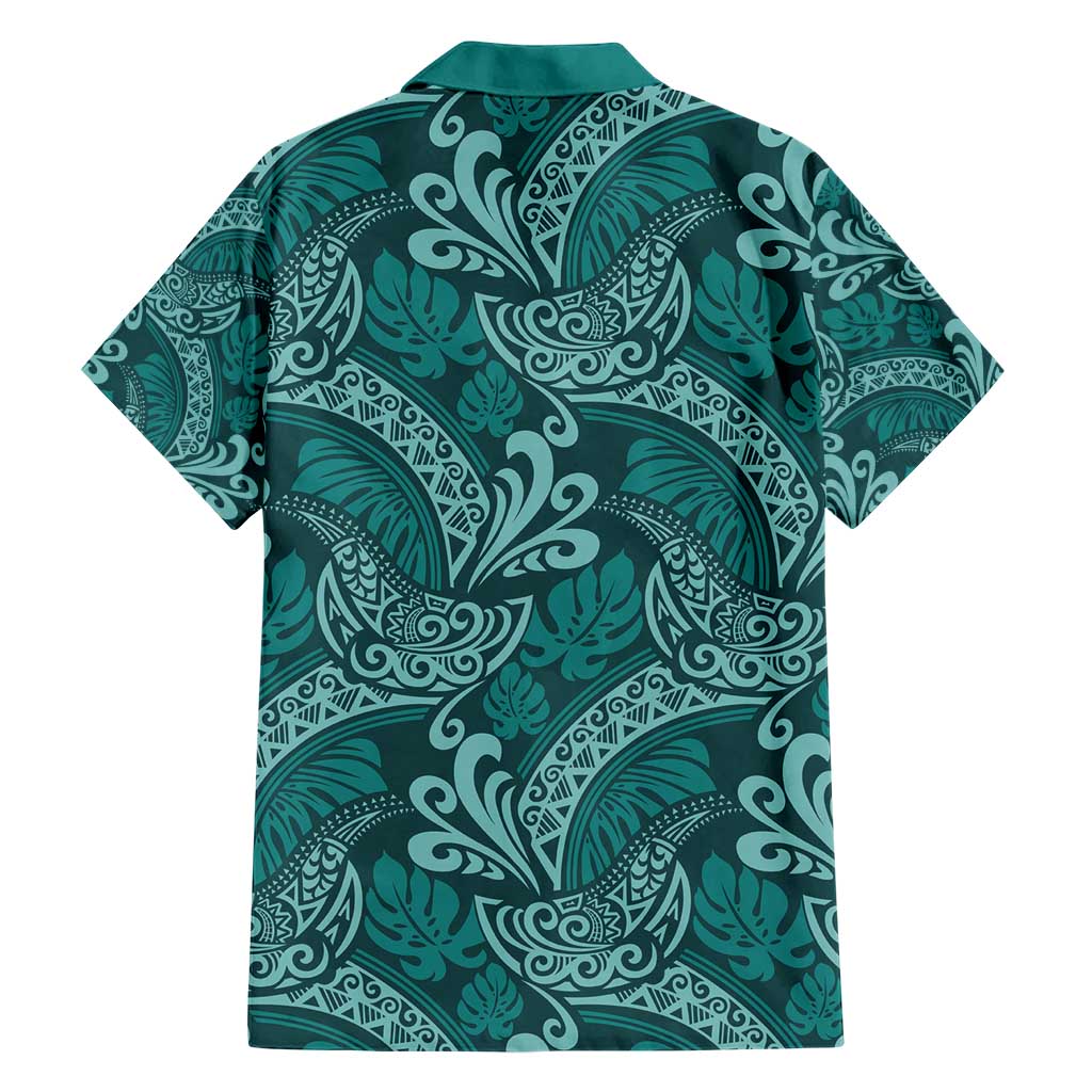 Teal Monstera Family Matching Short Sleeve Bodycon Dress and Hawaiian Shirt Polynesian Tribal Pattern LT01 - Polynesian Pride