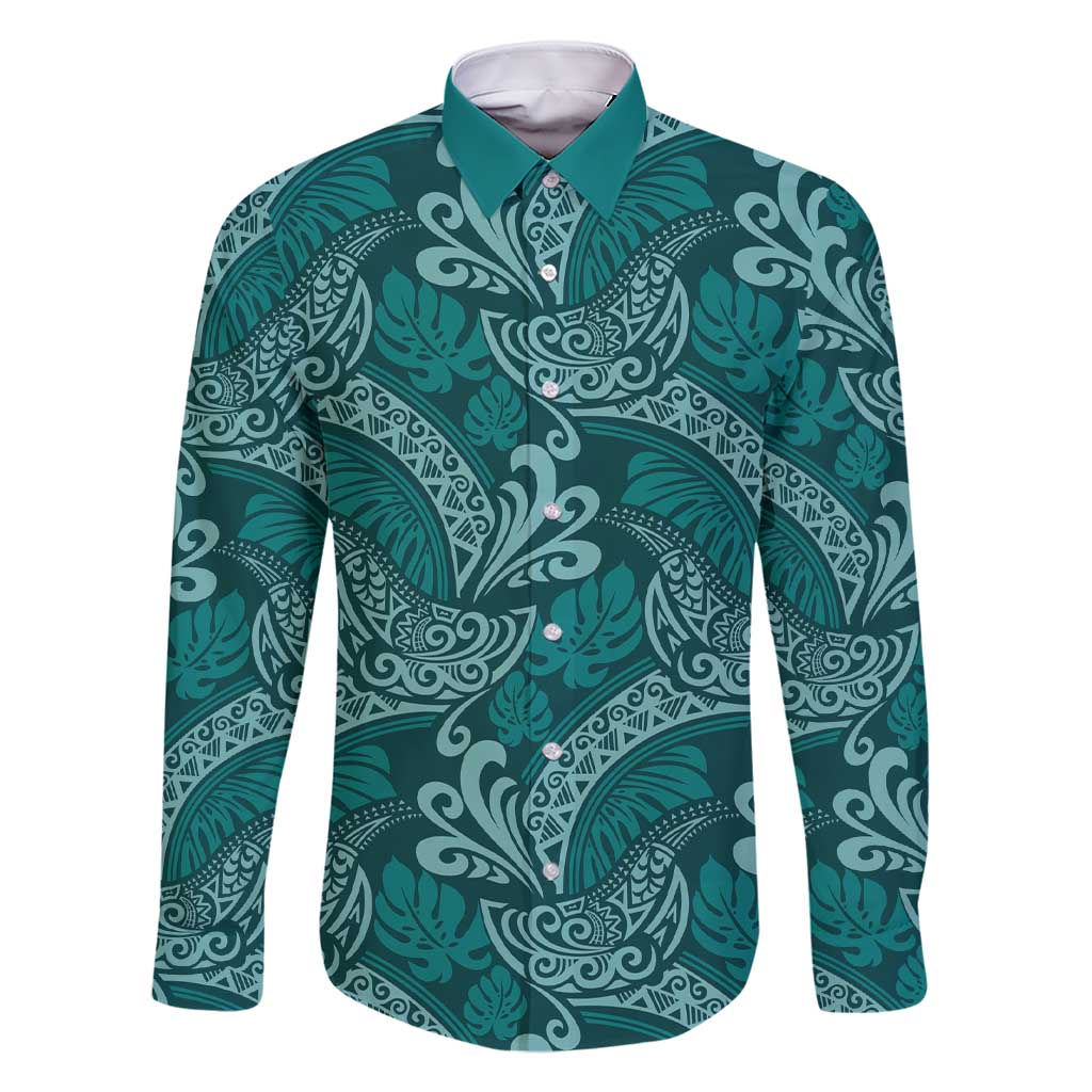 Teal Monstera Family Matching Short Sleeve Bodycon Dress and Hawaiian Shirt Polynesian Tribal Pattern LT01 Dad's Shirt - Long Sleeve Teal - Polynesian Pride