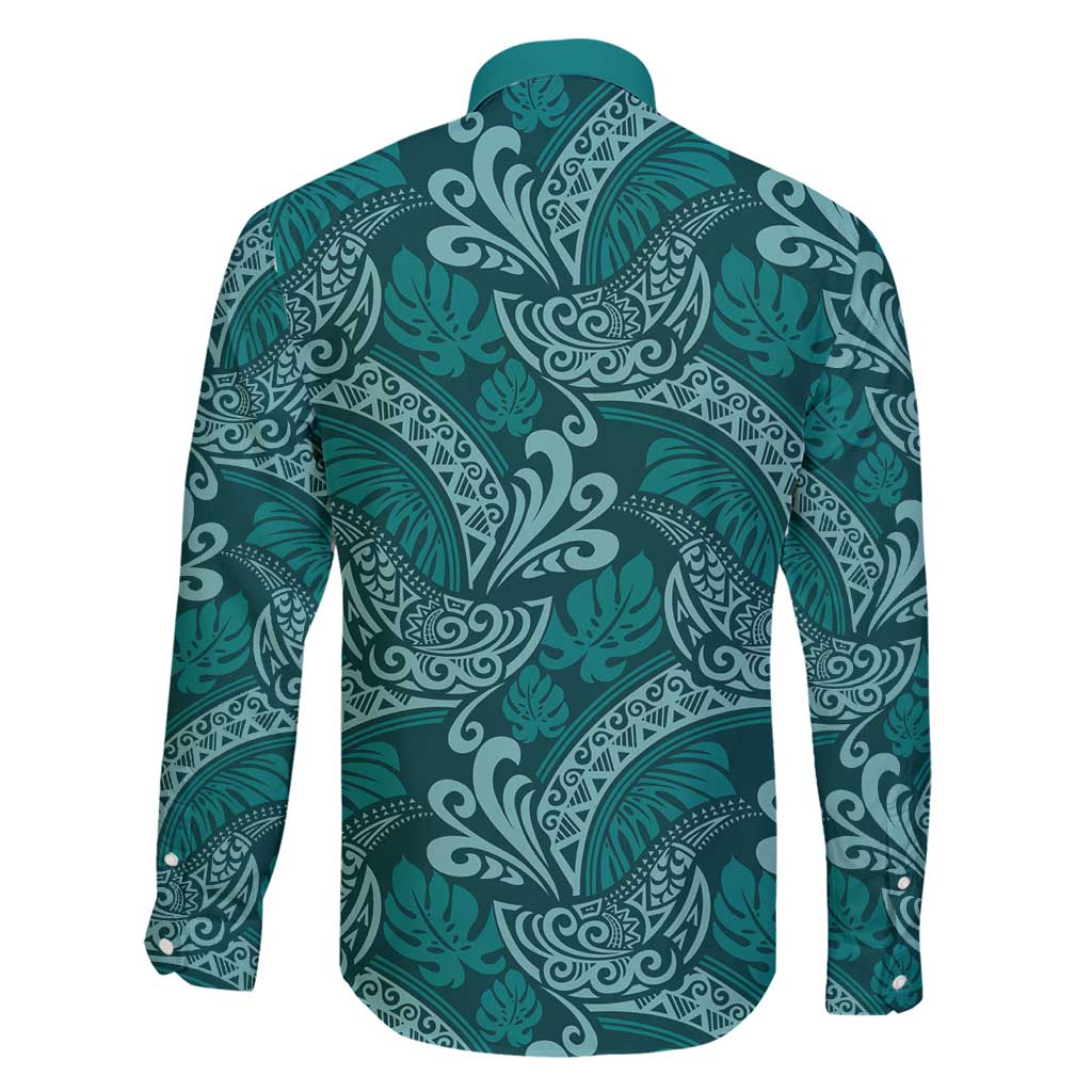 Teal Monstera Family Matching Short Sleeve Bodycon Dress and Hawaiian Shirt Polynesian Tribal Pattern LT01 - Polynesian Pride