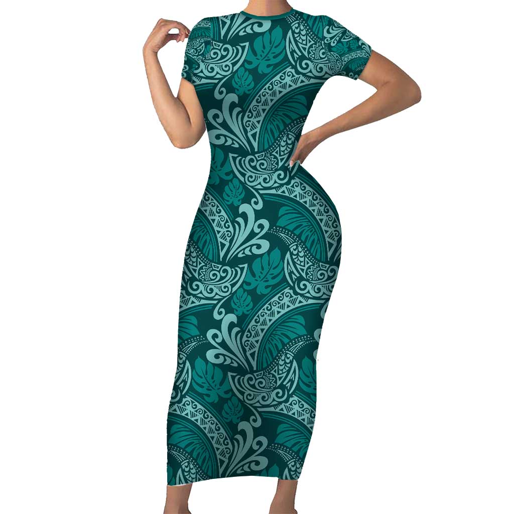 Teal Monstera Family Matching Short Sleeve Bodycon Dress and Hawaiian Shirt Polynesian Tribal Pattern LT01 Mom's Dress Teal - Polynesian Pride