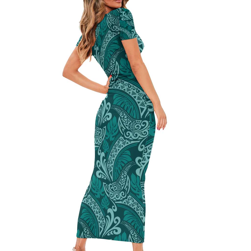 Teal Monstera Family Matching Short Sleeve Bodycon Dress and Hawaiian Shirt Polynesian Tribal Pattern LT01 - Polynesian Pride