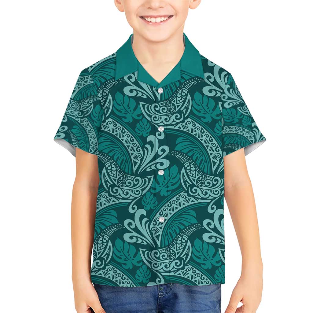 Teal Monstera Family Matching Short Sleeve Bodycon Dress and Hawaiian Shirt Polynesian Tribal Pattern LT01 Son's Shirt Teal - Polynesian Pride