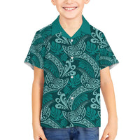 Teal Monstera Family Matching Short Sleeve Bodycon Dress and Hawaiian Shirt Polynesian Tribal Pattern LT01 Son's Shirt Teal - Polynesian Pride