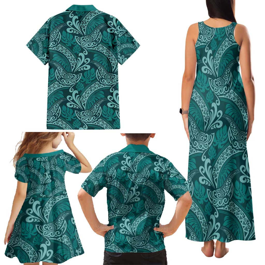 Teal Monstera Family Matching Tank Maxi Dress and Hawaiian Shirt Polynesian Tribal Pattern LT01 - Polynesian Pride