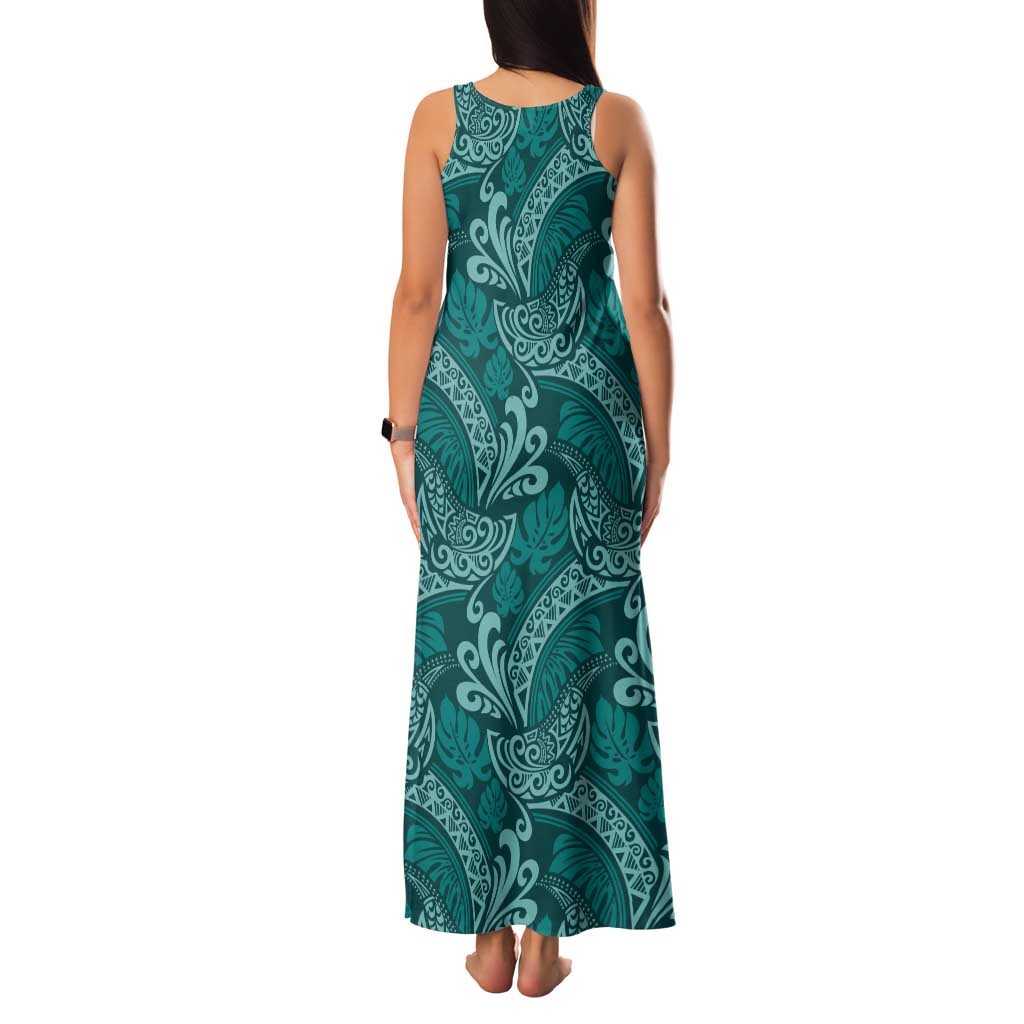Teal Monstera Family Matching Tank Maxi Dress and Hawaiian Shirt Polynesian Tribal Pattern LT01 - Polynesian Pride