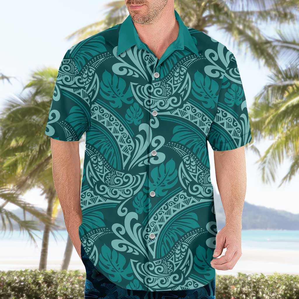 Teal Monstera Hawaiian Shirt Polynesian Tribal Pattern LT01 - Polynesian Pride
