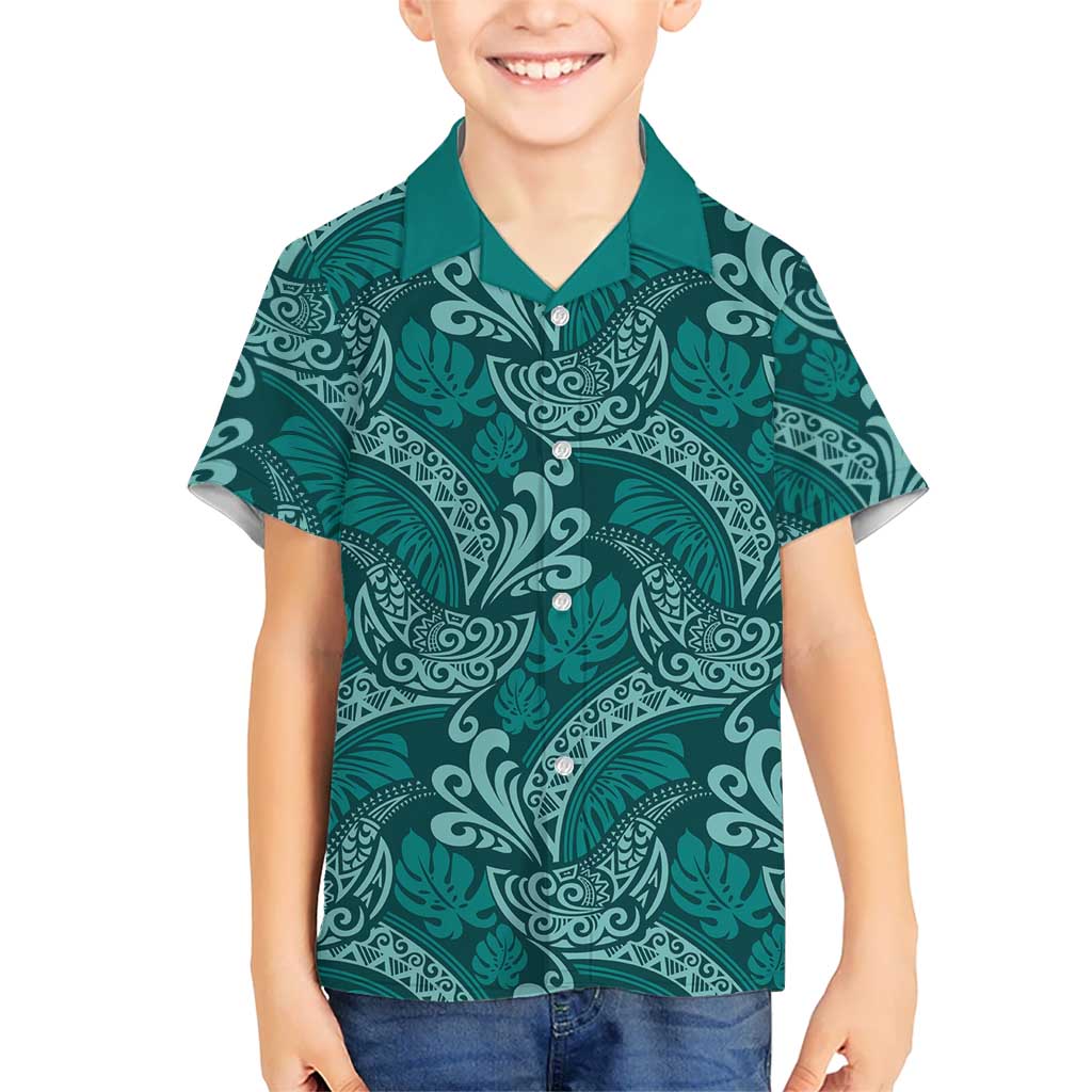 Teal Monstera Hawaiian Shirt Polynesian Tribal Pattern LT01 - Polynesian Pride