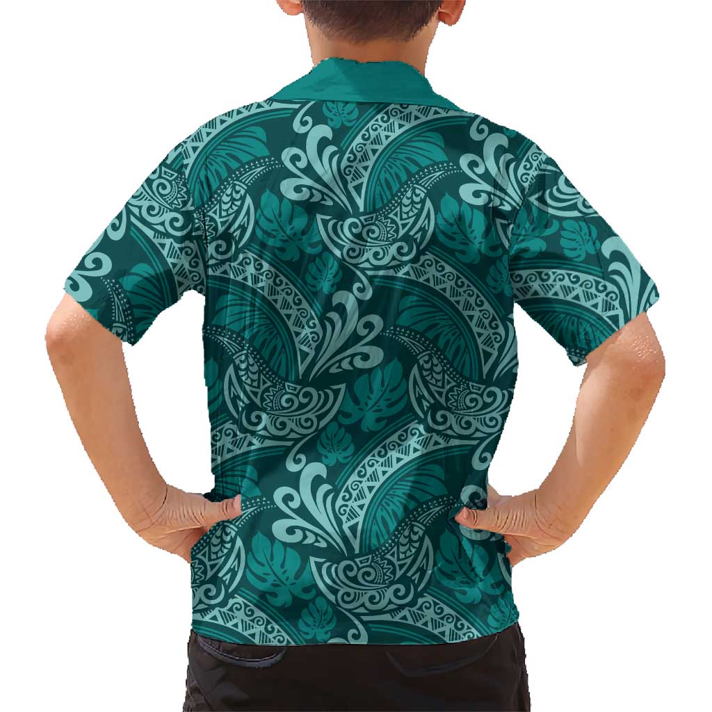 Teal Monstera Hawaiian Shirt Polynesian Tribal Pattern LT01 - Polynesian Pride