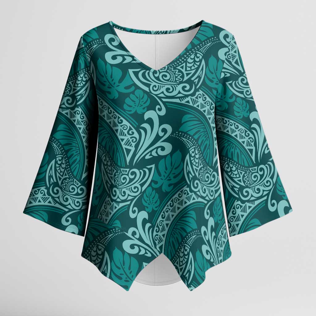 Teal Monstera Kimono Sleeve Blouse Polynesian Tribal Pattern LT01 Female Teal - Polynesian Pride