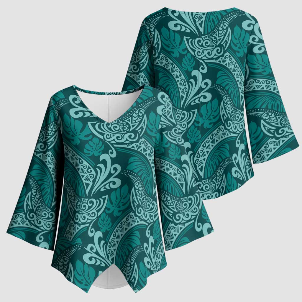 Teal Monstera Kimono Sleeve Blouse Polynesian Tribal Pattern LT01 - Polynesian Pride