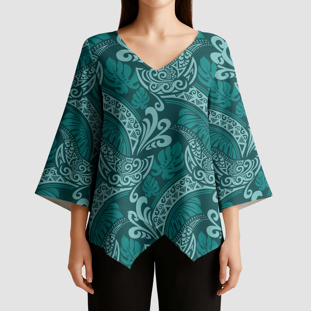 Teal Monstera Kimono Sleeve Blouse Polynesian Tribal Pattern LT01 - Polynesian Pride