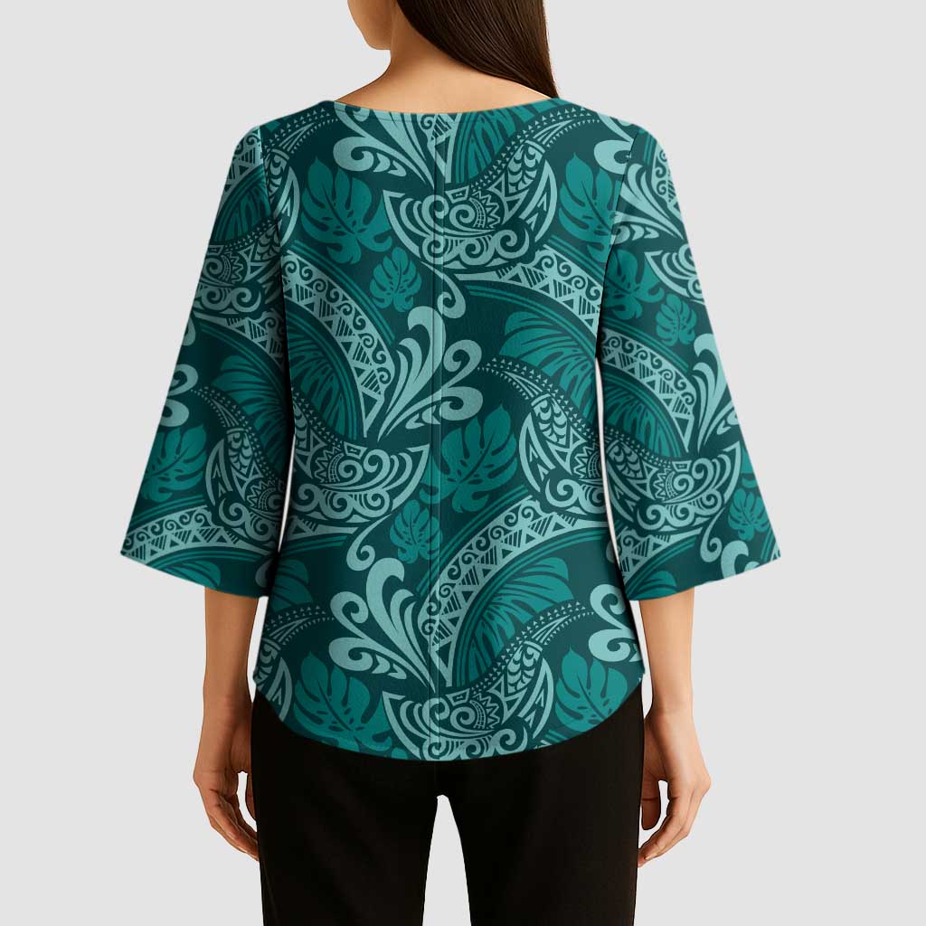 Teal Monstera Kimono Sleeve Blouse Polynesian Tribal Pattern LT01 - Polynesian Pride