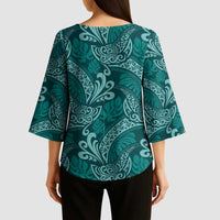 Teal Monstera Kimono Sleeve Blouse Polynesian Tribal Pattern LT01 - Polynesian Pride