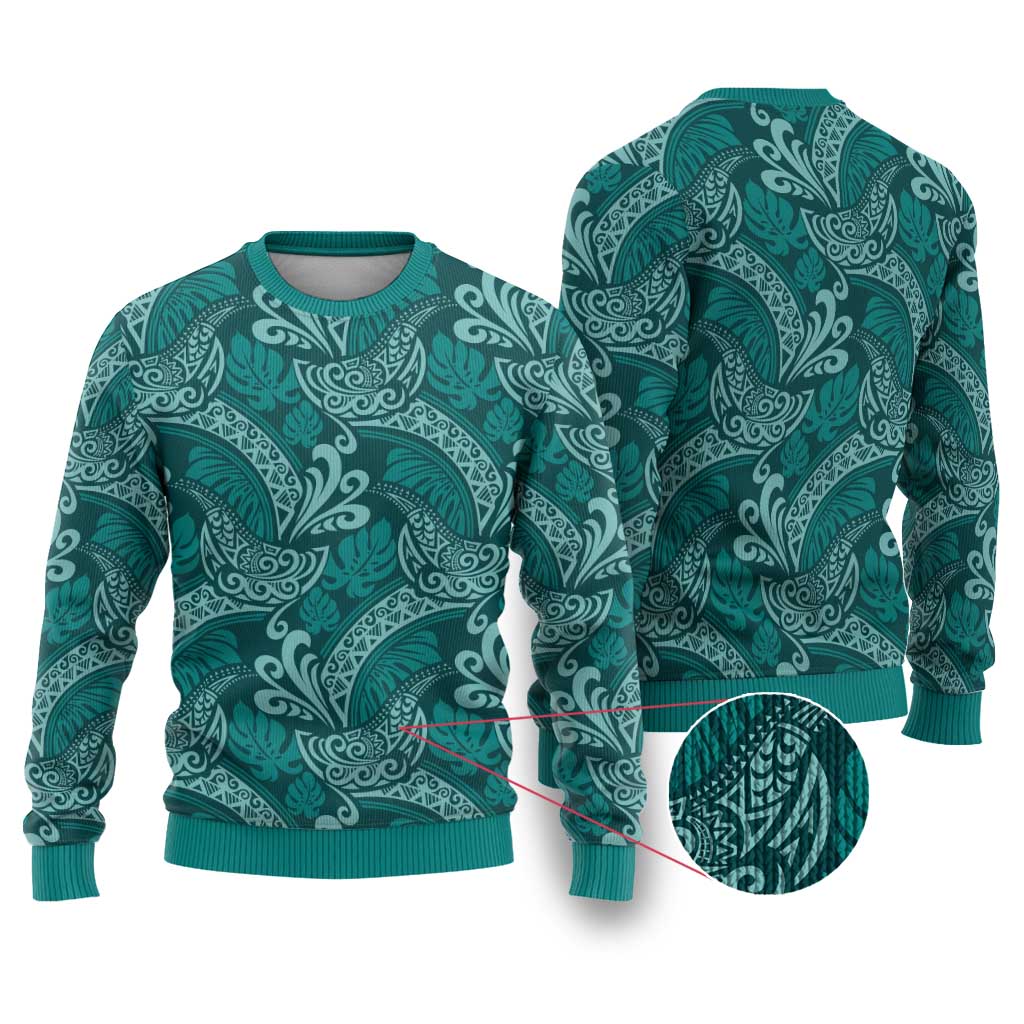 Teal Monstera Ugly Christmas Sweater Polynesian Tribal Pattern LT01 Teal - Polynesian Pride