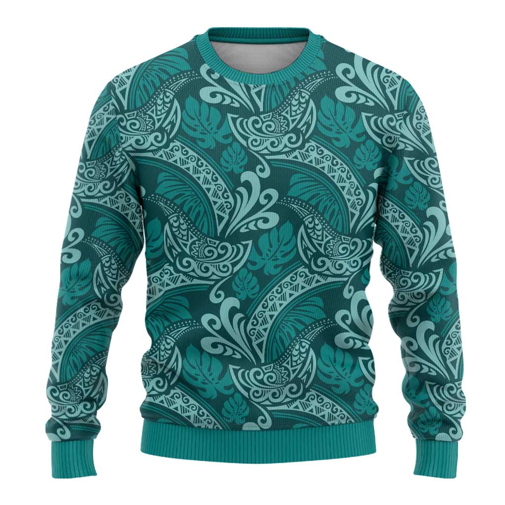 Teal Monstera Ugly Christmas Sweater Polynesian Tribal Pattern LT01 - Polynesian Pride
