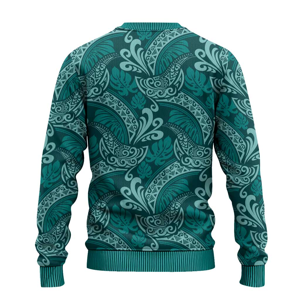 Teal Monstera Ugly Christmas Sweater Polynesian Tribal Pattern LT01 - Polynesian Pride