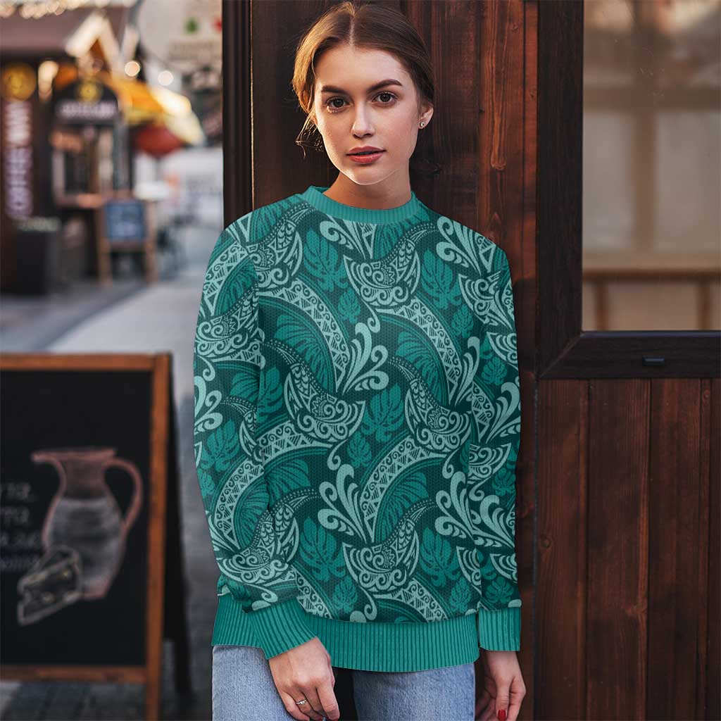 Teal Monstera Ugly Christmas Sweater Polynesian Tribal Pattern LT01 - Polynesian Pride