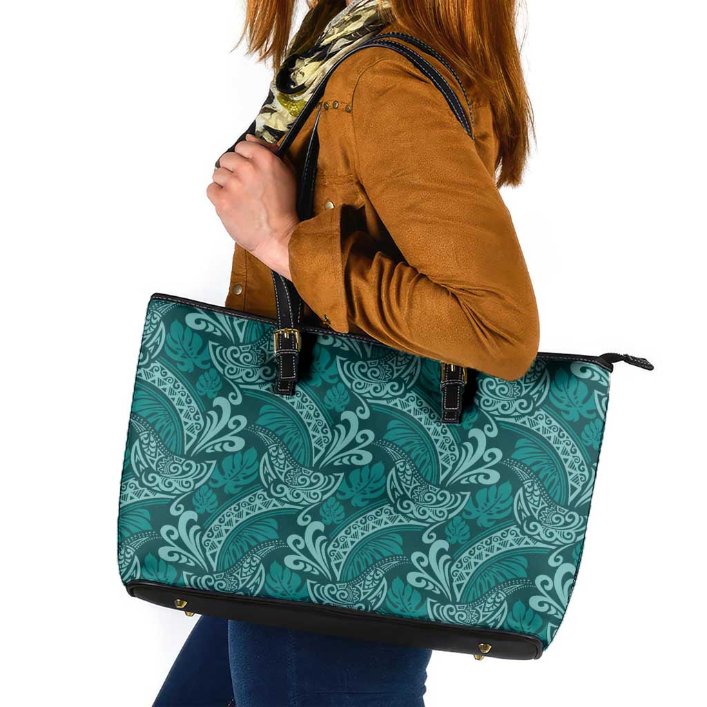 Teal Monstera Leather Tote Bag Polynesian Tribal Pattern LT01 Teal - Polynesian Pride