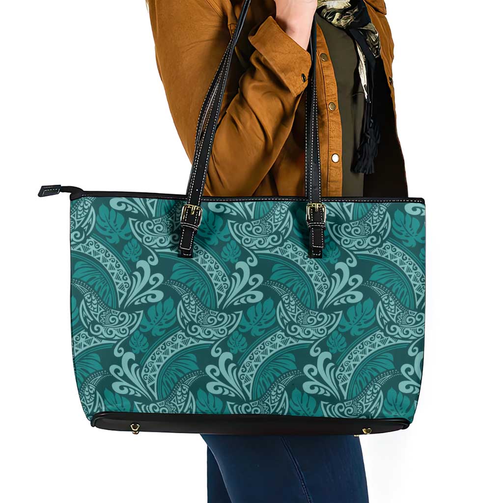Teal Monstera Leather Tote Bag Polynesian Tribal Pattern LT01 - Polynesian Pride