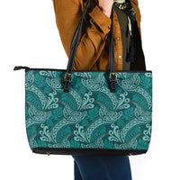 Teal Monstera Leather Tote Bag Polynesian Tribal Pattern LT01 - Polynesian Pride