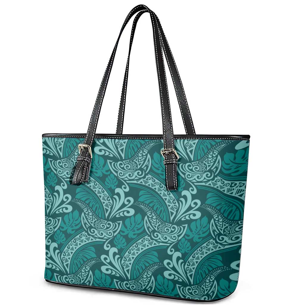 Teal Monstera Leather Tote Bag Polynesian Tribal Pattern LT01 - Polynesian Pride