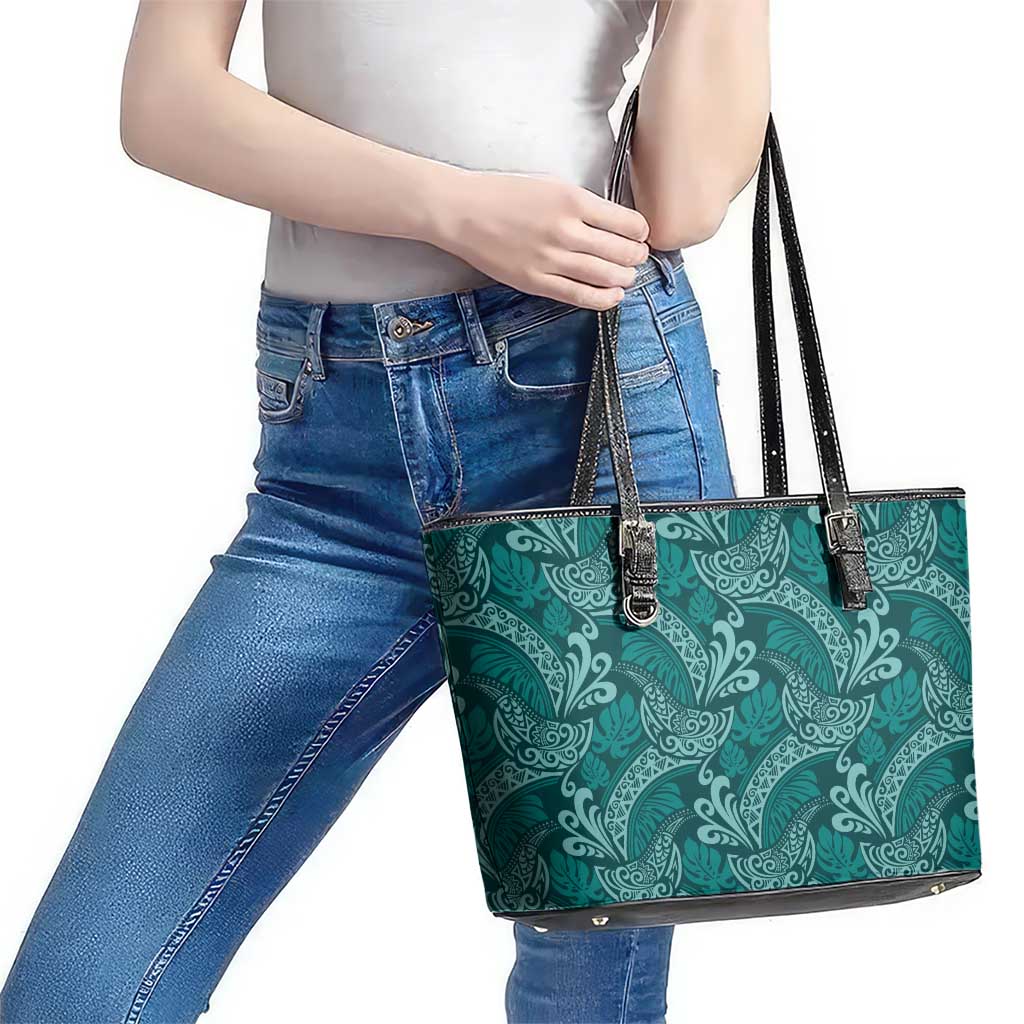 Teal Monstera Leather Tote Bag Polynesian Tribal Pattern LT01 - Polynesian Pride