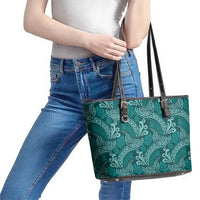 Teal Monstera Leather Tote Bag Polynesian Tribal Pattern LT01 - Polynesian Pride