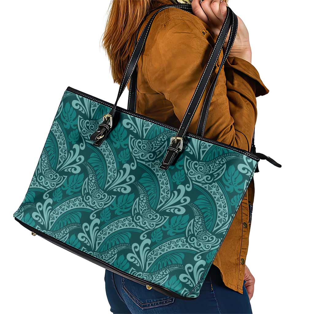 Teal Monstera Leather Tote Bag Polynesian Tribal Pattern LT01 - Polynesian Pride