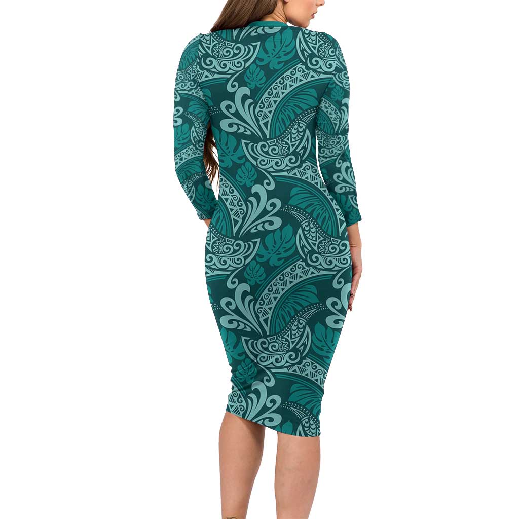 Teal Monstera Long Sleeve Bodycon Dress Polynesian Tribal Pattern LT01 - Polynesian Pride