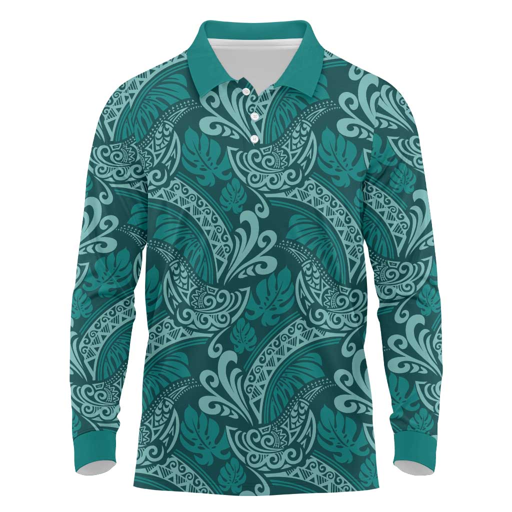 Teal Monstera Long Sleeve Polo Shirt Polynesian Tribal Pattern LT01 Teal - Polynesian Pride