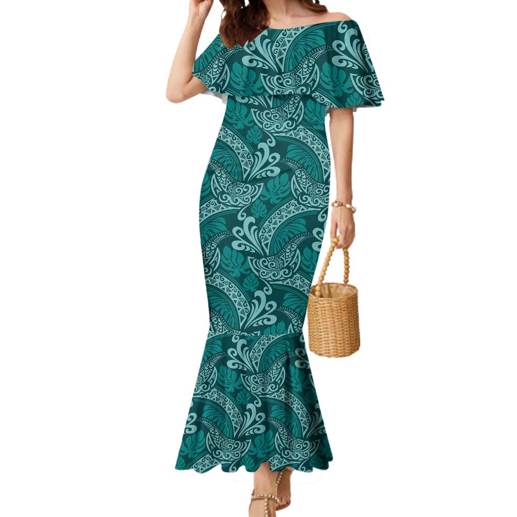 Teal Monstera Mermaid Dress Polynesian Tribal Pattern LT01 Women Teal - Polynesian Pride