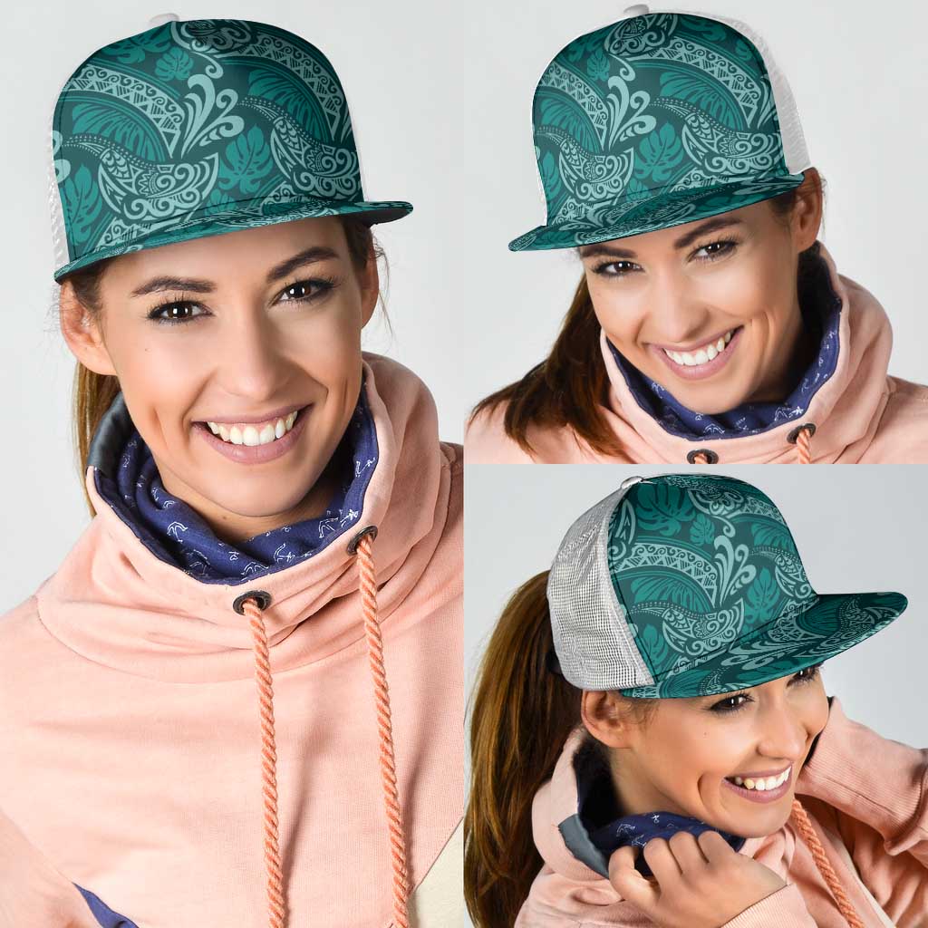 Teal Monstera Mesh Trucker Cap Polynesian Tribal Pattern LT01 - Polynesian Pride