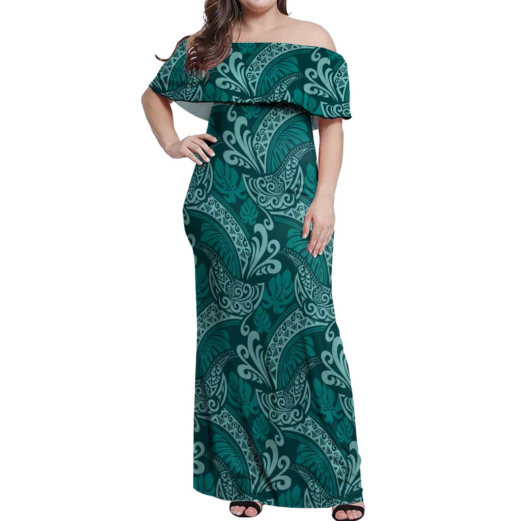 Teal Monstera Off Shoulder Maxi Dress Polynesian Tribal Pattern LT01 Women Teal - Polynesian Pride