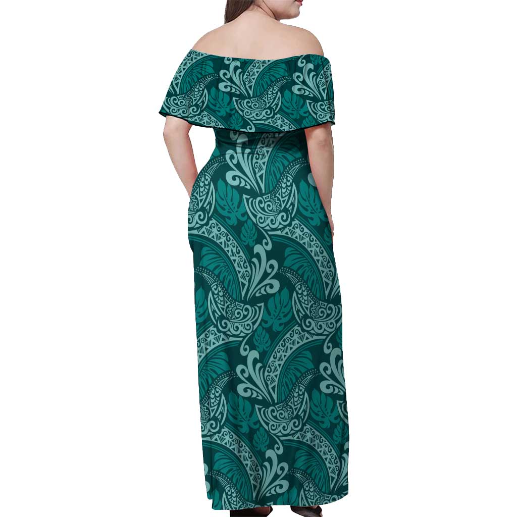Teal Monstera Off Shoulder Maxi Dress Polynesian Tribal Pattern LT01 - Polynesian Pride