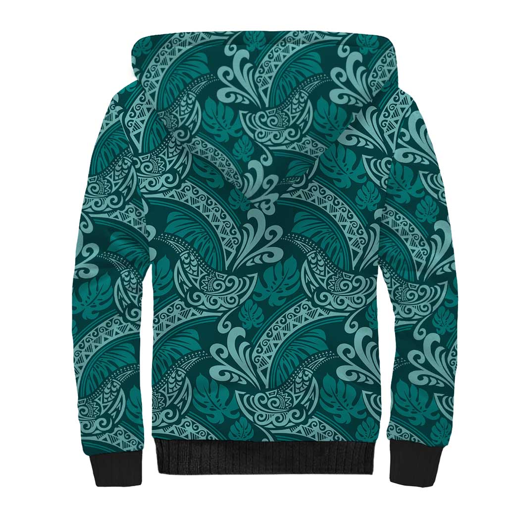 Teal Monstera Sherpa Hoodie Polynesian Tribal Pattern LT01 - Polynesian Pride