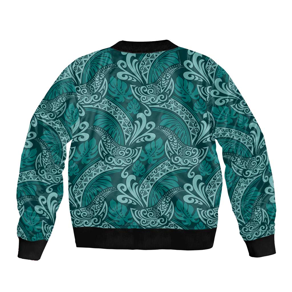 Teal Monstera Sleeve Zip Bomber Jacket Polynesian Tribal Pattern LT01 - Polynesian Pride