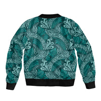 Teal Monstera Sleeve Zip Bomber Jacket Polynesian Tribal Pattern LT01 - Polynesian Pride