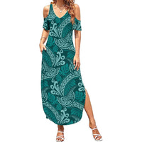 Teal Monstera Summer Maxi Dress Polynesian Tribal Pattern LT01 Women Teal - Polynesian Pride
