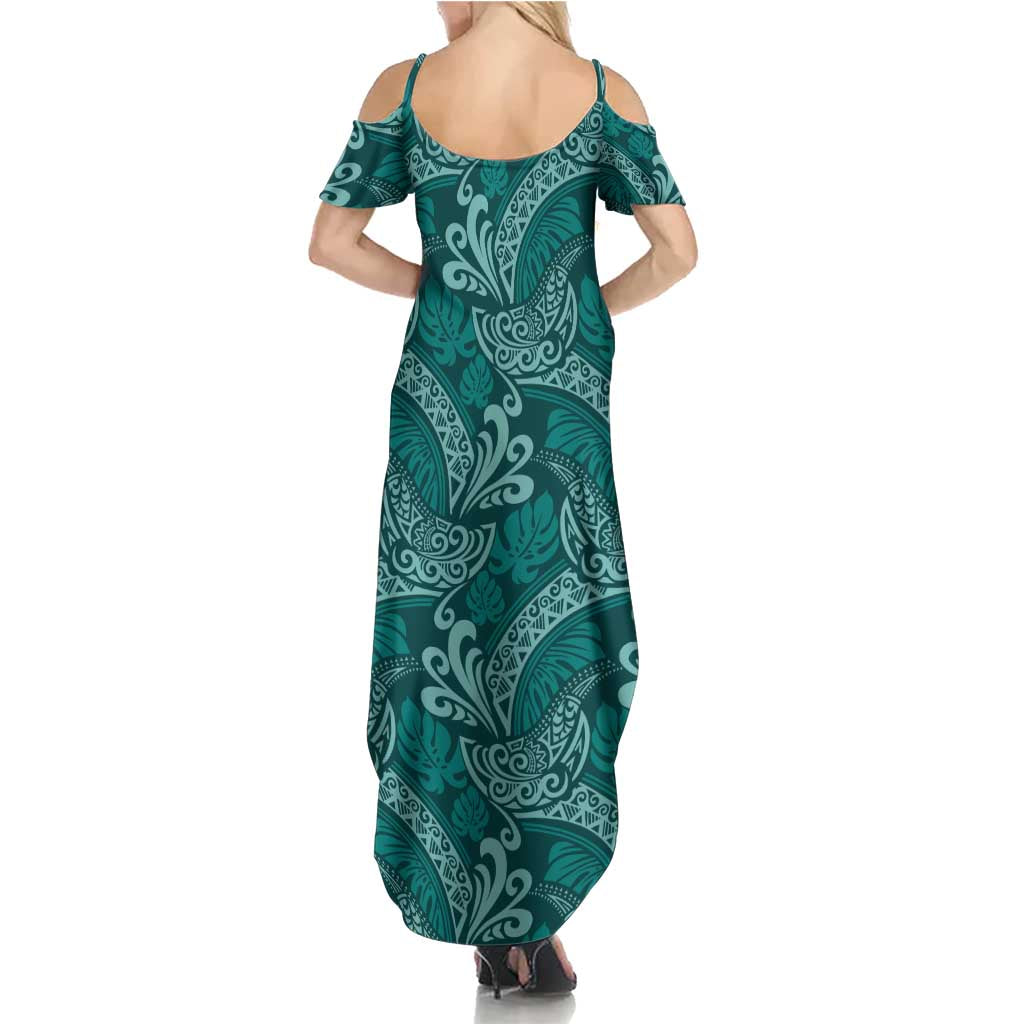 Teal Monstera Summer Maxi Dress Polynesian Tribal Pattern LT01 - Polynesian Pride