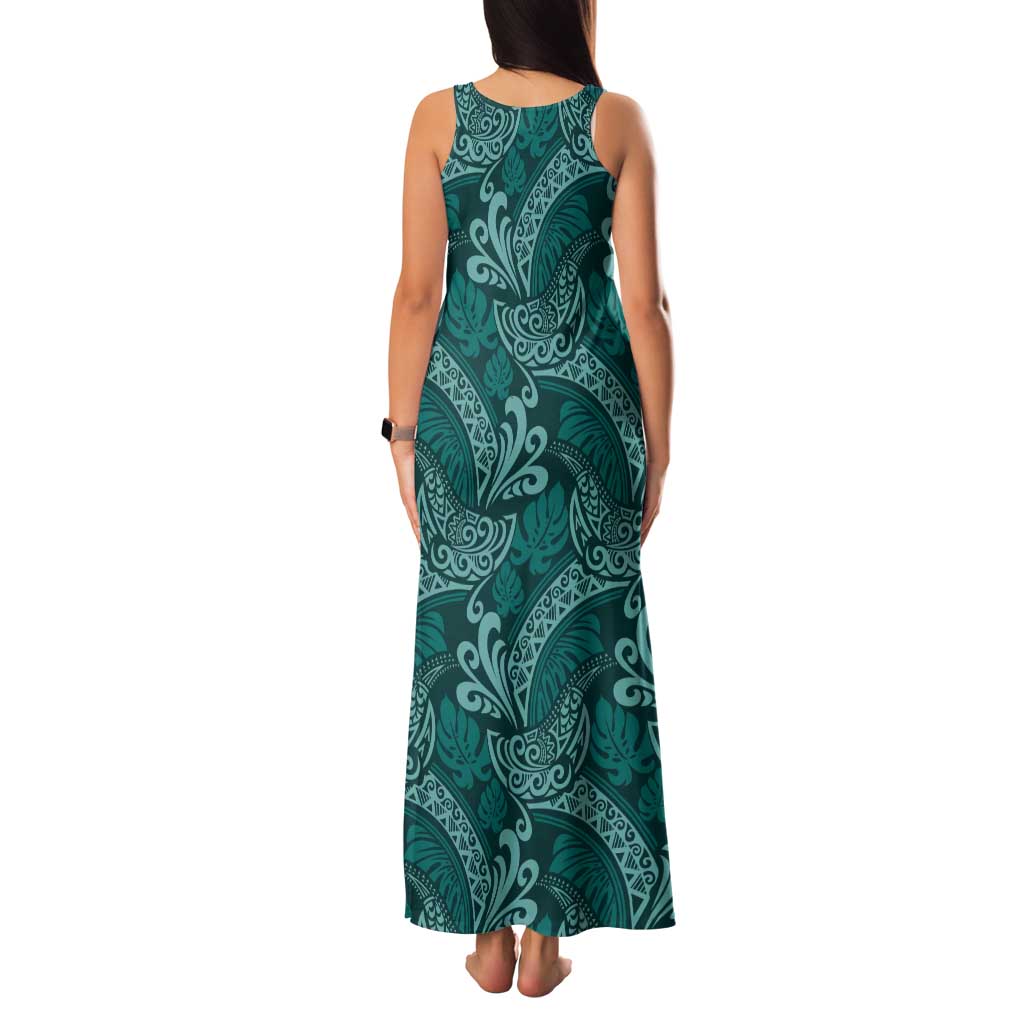 Teal Monstera Tank Maxi Dress Polynesian Tribal Pattern LT01 - Polynesian Pride