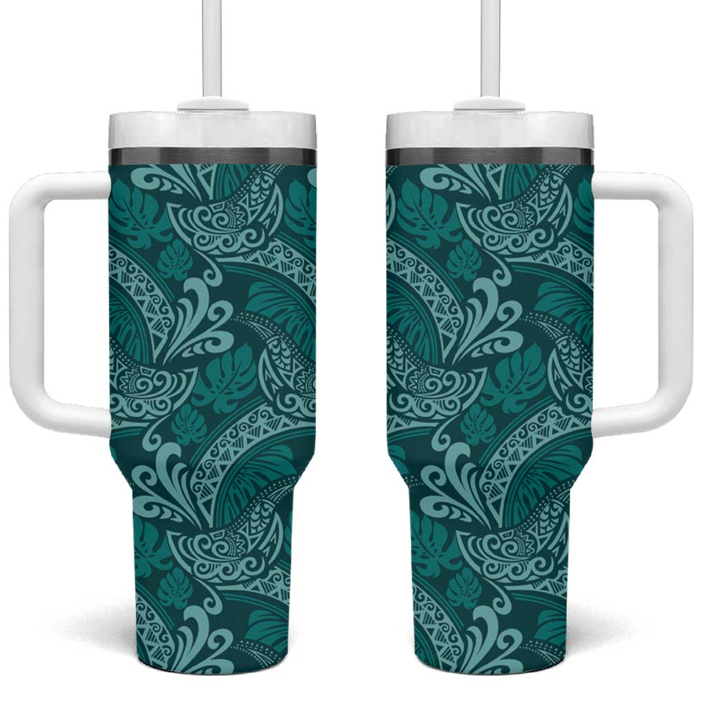 Teal Monstera Tumbler With Handle Polynesian Tribal Pattern LT01 One Size: 40 oz Teal - Polynesian Pride