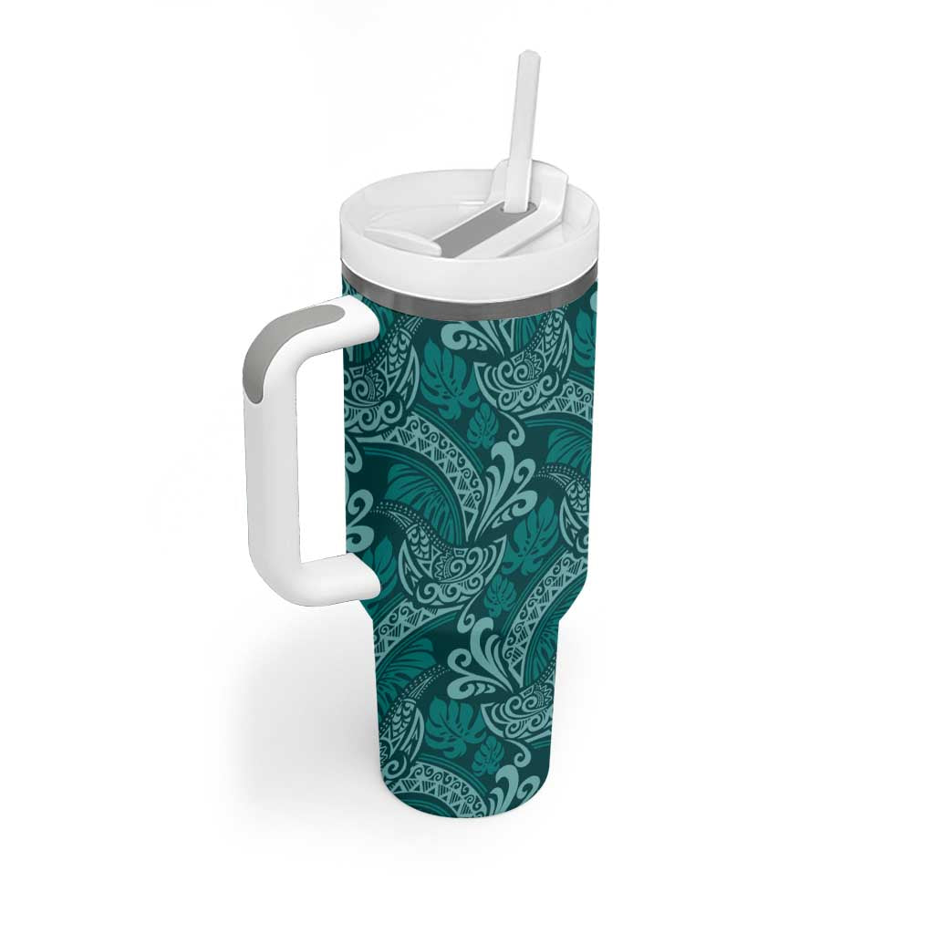 Teal Monstera Tumbler With Handle Polynesian Tribal Pattern LT01 - Polynesian Pride