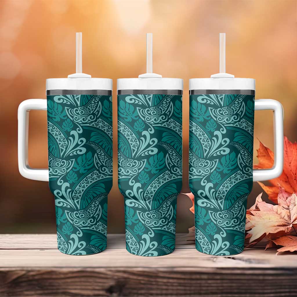 Teal Monstera Tumbler With Handle Polynesian Tribal Pattern LT01 - Polynesian Pride